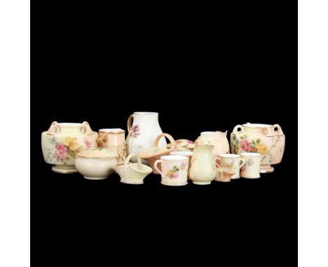 Collection of Royal Worcester blush ivory ceramics, including a graduating set of posey baskets, miniature flatback jug, cove