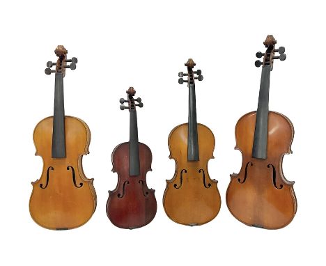 Four violins 1/8th size; half size with Nicolas Bertholini label; three-quarter size with Stradivarius copy label; and full s