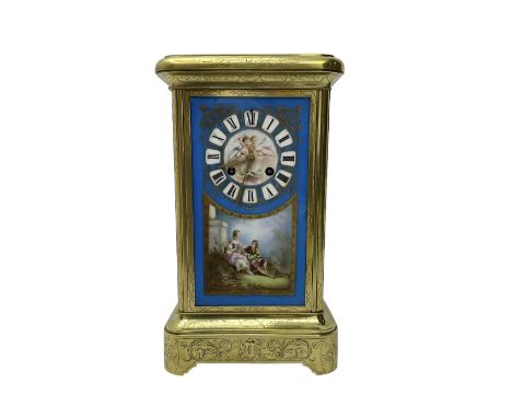 French - late 19th century 8-day mantle clock in an engraved brass corniche case with three rectangular porcelain panels deco