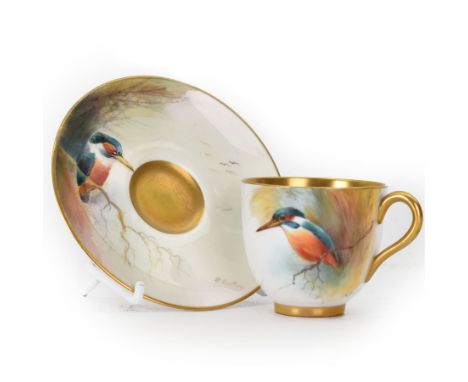Royal Worcester cabinet cup, decorated with a kingfisher upon a branch by H. Powell, artist signed, together with matching sa