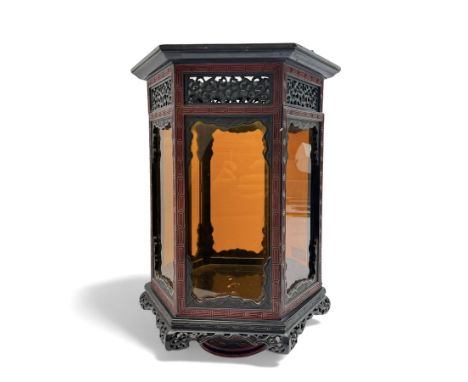 20th century Chinese lacquer lantern of hexagonal form, H34cm