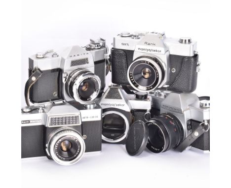 Five Mamiya/Sekor SLR camera bodies, to include autoXTL serial no. PI34456, with a ES 1:18 f=55mm serial no. 28148, Rank 528T