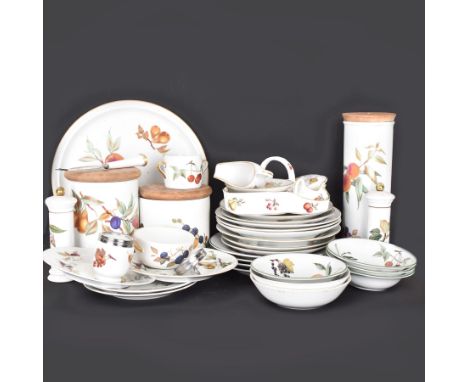 Royal Worcester Evesham pattern part dinner service, including covered jars, covered serving dishes, sauce jugs, dinner plate