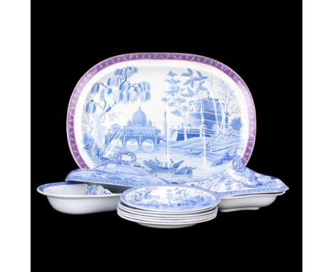 19th century Spode blue and white dinner service for six place settings, decorated in the Tiber pattern, comprising six dinne