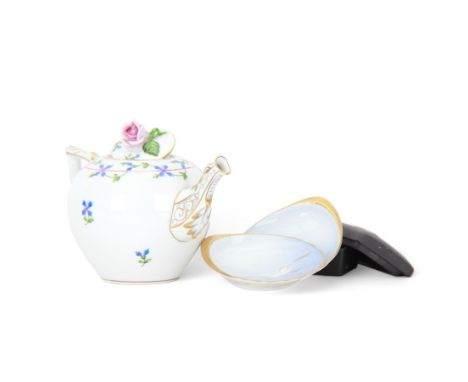 Herend Hungarian teapot and cover, decorated with floral sprigs and a rose finial, together with Wedgwood black basalt Egypti