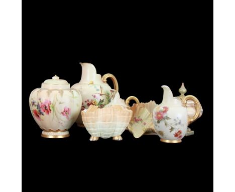 Royal Worcester Blush Ivory, three graduation flat back jugs, bowl in the form of a shell, covered jar etc (8)