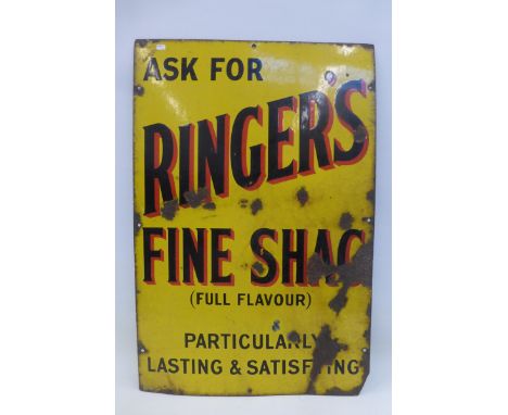 A Ringer's Fine Shag rectangular enamel sign, 20 x 30 ".