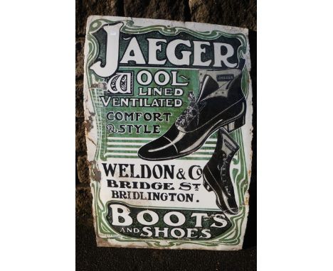 A Jaegar Boots and Shoes pictorial enamel sign with some retouching, 24 x 36".