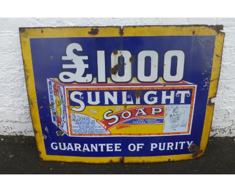 A Sunlight Soap "£1000 Guarantee of Purity" pictorial packet enamel sign, 36 x 27".