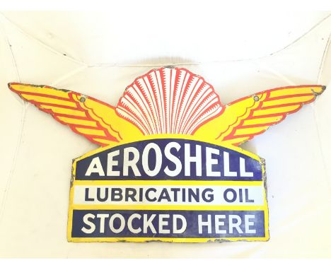 An Aeroshell Lubricating Oil Stocked Here double sided hanging enamel sign with some professional restoration, 28 x 14 1/2".