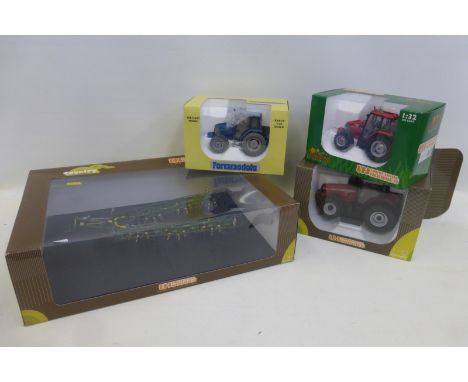 Four assorted die-cast farm models: a McCormick Blue Dustie, an MF8690 tractor, a McCormick 105 and a Krome Tedder, all boxed