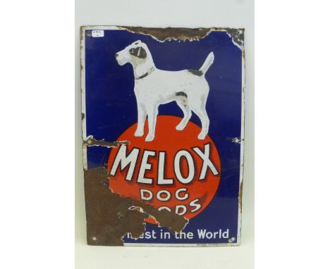 A small Melox Dog Foods pictorial enamel sign by Bruton of Palmers Green, 10 x 14".