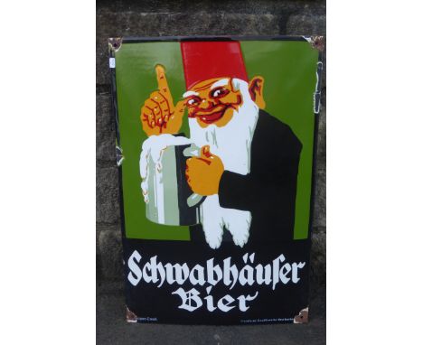 A decorative German pictorial enamel sign, 15 3/4 x 23 1/2".