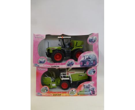Two boxed Majorette plastic farm models a Claas Xerion tractor and a Claas Jaguar 900 combine harvester.
