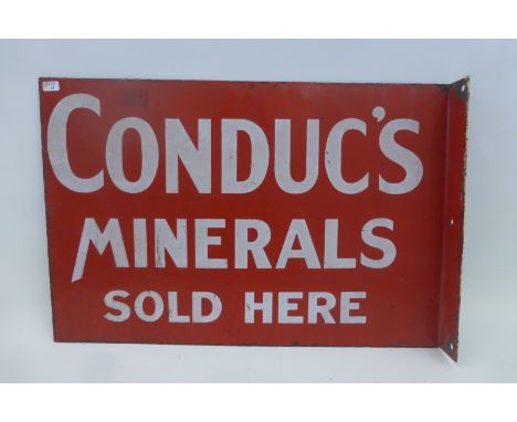 A "Conduc's Minerals Sold Here" double sided enamel sign with hanging flange, 18 x 12".