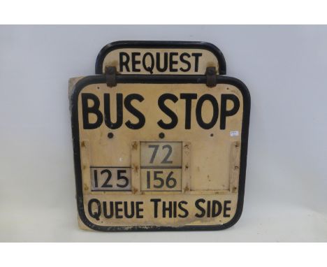 An unusual Request Bus Stop double sided lamp post sign, fixing flange lost, with plastic and wooden bus numbers in slots, 15