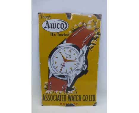 An Indian enamel sign "Trust Awco It's Tested" Associated Watch Co. Ltd, Bombay, 15 x 24".