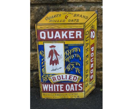 A Quaker Rolled White Oats part pictorial packet shaped enamel sign with extensive restoration, 15 1/4 x 24".