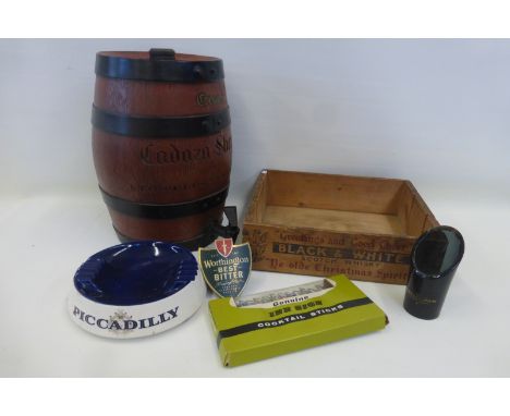 An assortment of pub memorabilia including Moet, Black and White Scotch Whisky etc.