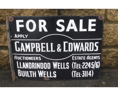 A Campbell & Edwards of Llandrindod Wells & Builth Wells For Sale double sided enamel sign with hanging flange, 20 x 15".