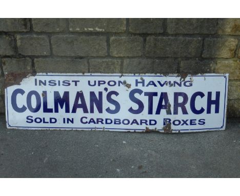 A Colman's Starch "sold in cardboard boxes" rectangular enamel sign, 62 x 16".