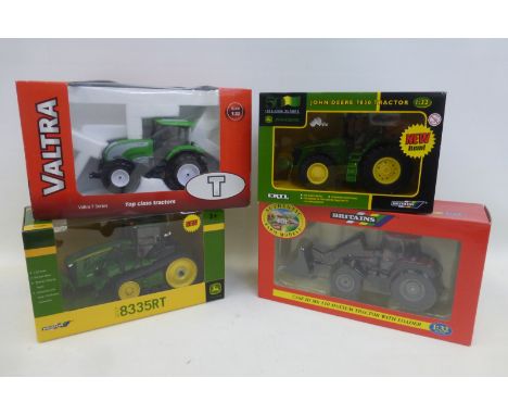Four assorted die-cast farm models: a Joal 293 Valtra S Series, A Britains 42348 JD 7860 Tractor, a Britains 42832 JD 8335R T