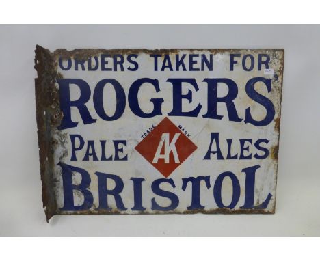 A Rogers' of Bristol Pale Ales double sided enamel sign with hanging flange, 16 1/2 x 12".