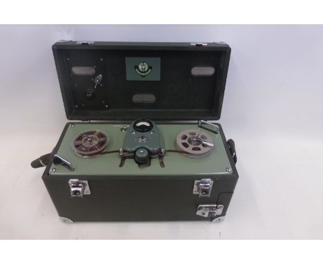 An EMI Flalta battery portable spool to spool tape recorder with shoulder strap.