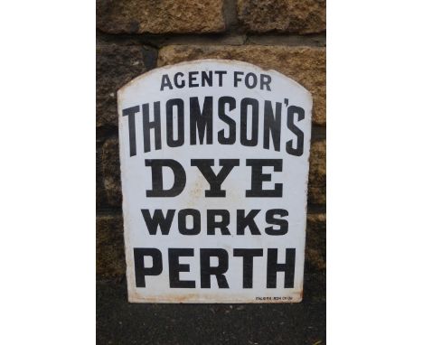A Thomson's Dye Works Perth double sided enamel sign by Falkirk Iron Co. Ltd, 13 1/2 x 18".