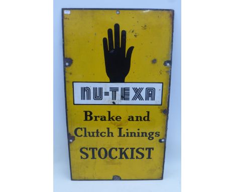 A Nu-Texa Brake and Clutch Linings Stockist rectangular enamel sign, 14 x 25".