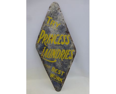 A Princess Laundries "for best work" shaped enamel sign for staircase, 18 1/4 x 37".
