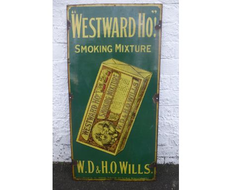 A "Westward Ho!" Smoking Mixture pictorial packet rectangular enamel sign, 18 x 36".