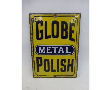 A "Globe" Metal Polish rectangular enamel sign of small size with one patch retouched lower right, 5 x 7".