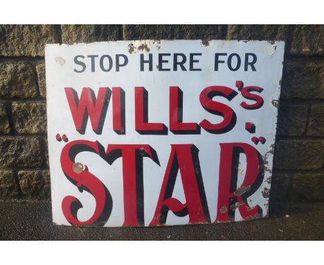 A Wills's Star cigarettes partial enamel sign, 36 x 28 1/2".
