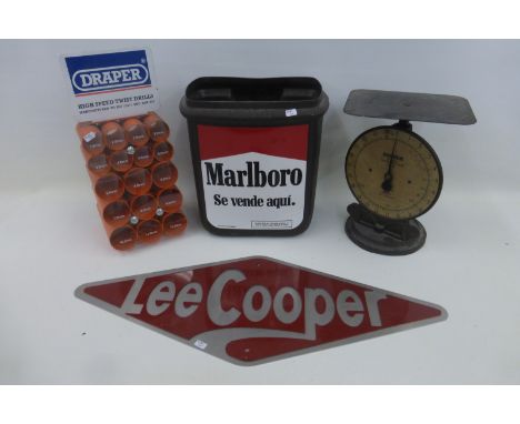 A Lee Cooper advertising sign, a Draper drill bit dispenser and Salter scales etc.