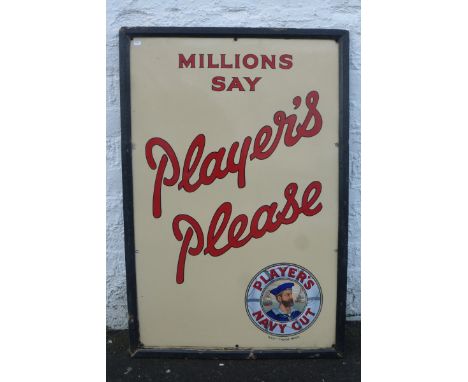 A Player's Please part pictorial enamel sign with sailor motif, and good gloss, in wooden frame, 24 x 36".