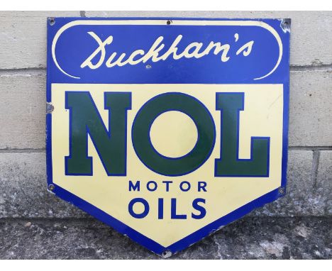 A Duckham's NOL Motor Oils shaped enamel sign with minor retouching, 17 x 17".