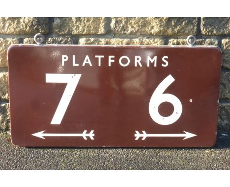 A British Railways "chocolate and cream" coloured double sided enamel sign "Platforms 6 and 7", 36 1/4 x 18".