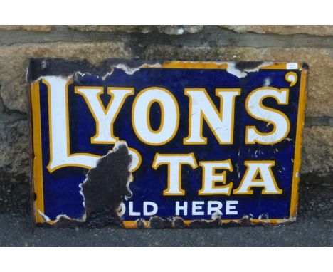 A Lyons' Tea sold here double sided enamel sign with hanging flange, 18 x 12".
