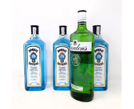 Three litre bottles of Bombay Sapphire, and a lire bottle of Gordon's gin (4) 