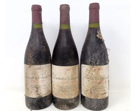Three bottles of Ruchottes-Chambertin, 1988Ruchottes-Chambertin is one of Gevrey-Chambertin's lesser known grand cru sites, j