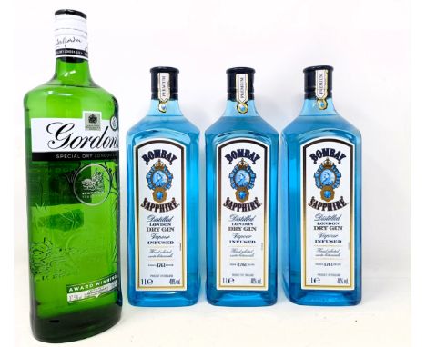 Three litre bottles of Bombay Sapphire gin, and a litre bottle of Gordon's gin (4) 