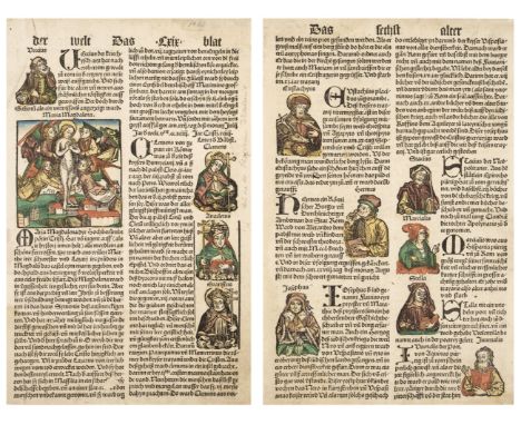 Schedel (Hartman, 1440 - 1515). Two printed leaves from the Nuremberg Chronicle: Das sechst alter der welt, Blat LXIX and LXX