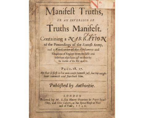 English Civil War. - [Bowles, Edward]. Manifest Truths, or An Inversion of Truths Manifest. Containing a Narration of the Pro