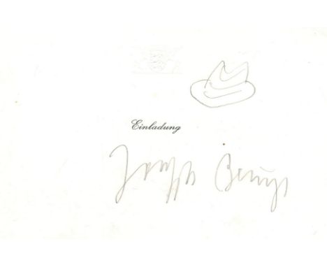 Beuys, Joseph: (1921 Kleve - 1986 Düsseldorf). Eigenh. Unterschrift u. kl. Zeichnung seines Huts mit Bleistift auf einer Einl