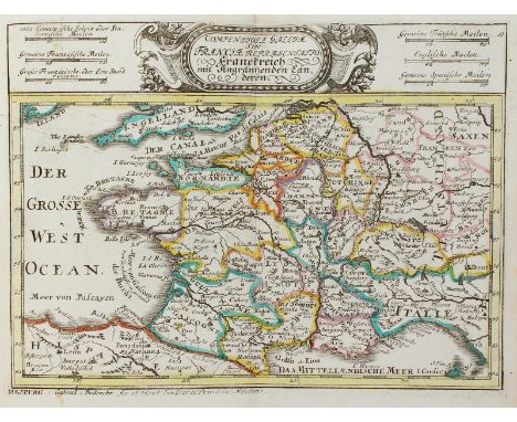 Frankreich.: Frankreich mit Angränzenden Länderen. Grenzkolor. Kupferstichkarte v. Bodenehr aus Atlas Curieux, um 1720. Blgr.