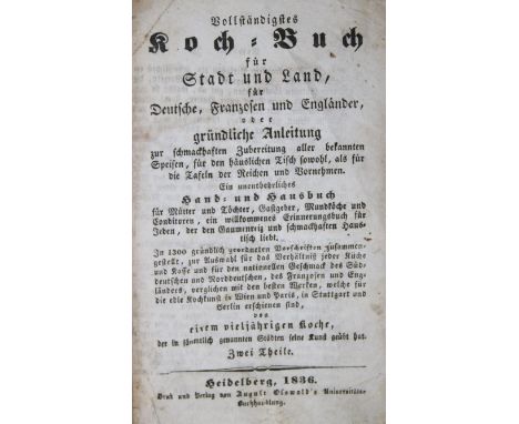 (Knör,D.: Göppinger Kochbuch. 2 Tle. in 1 Bd. Stgt., Erhard u. Löflund 1790). 3 (von 4) Bl., 374 S., 12 Bl., IV, 316 S. Läd. 