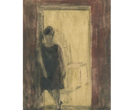 Modespacher, Theobald: (1897 Basel - Bissone 1955). Frauenfigur im Türrahmen Farb. Kreide auf Papier. Ca. 27,5 x 22,5 cm. Ver