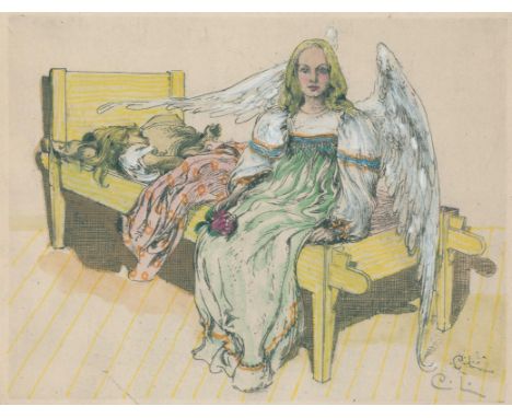 Larsson, Carl Olof: (1853 Stockholm - Sundborn b. Falun 1919). Der Schutzengel. Radierung (1896), vom Künstler kolor. u. mit 