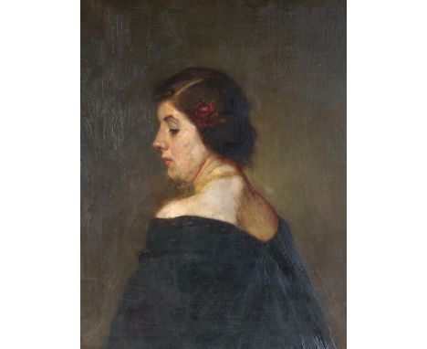 Portrait: einer Frau mit Rose im Haar. Darstellung im Profil mit dem Kopf über die Schultern. Öl auf Lwd. 19.Jhdt. Ca. 60 x 4